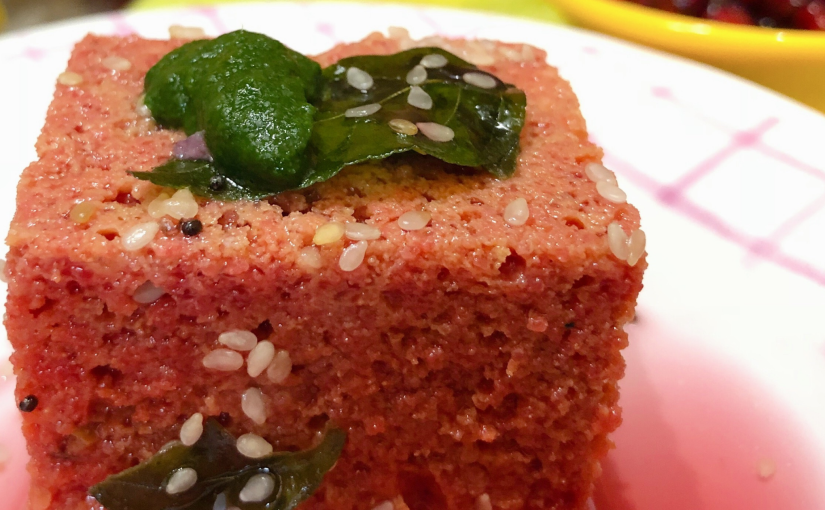 Chukandar Anar Dhokla (Beetroot Gram Flour Steamed Cake With Pomegranate Juice) | Iron Rich Breakfast